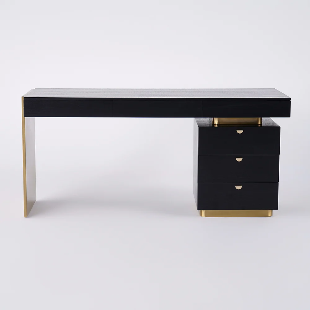 63" Modern Black Office Computer Desk with 6 Drawer & Gold Leg