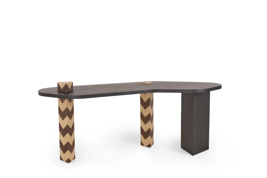 Modern Curved Wood Dining Table with Chevron Pattern Legs