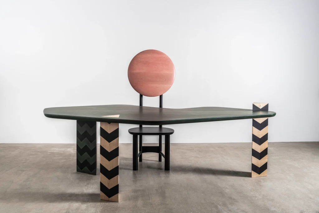 Modern Curved Wood Dining Table with Chevron Pattern Legs