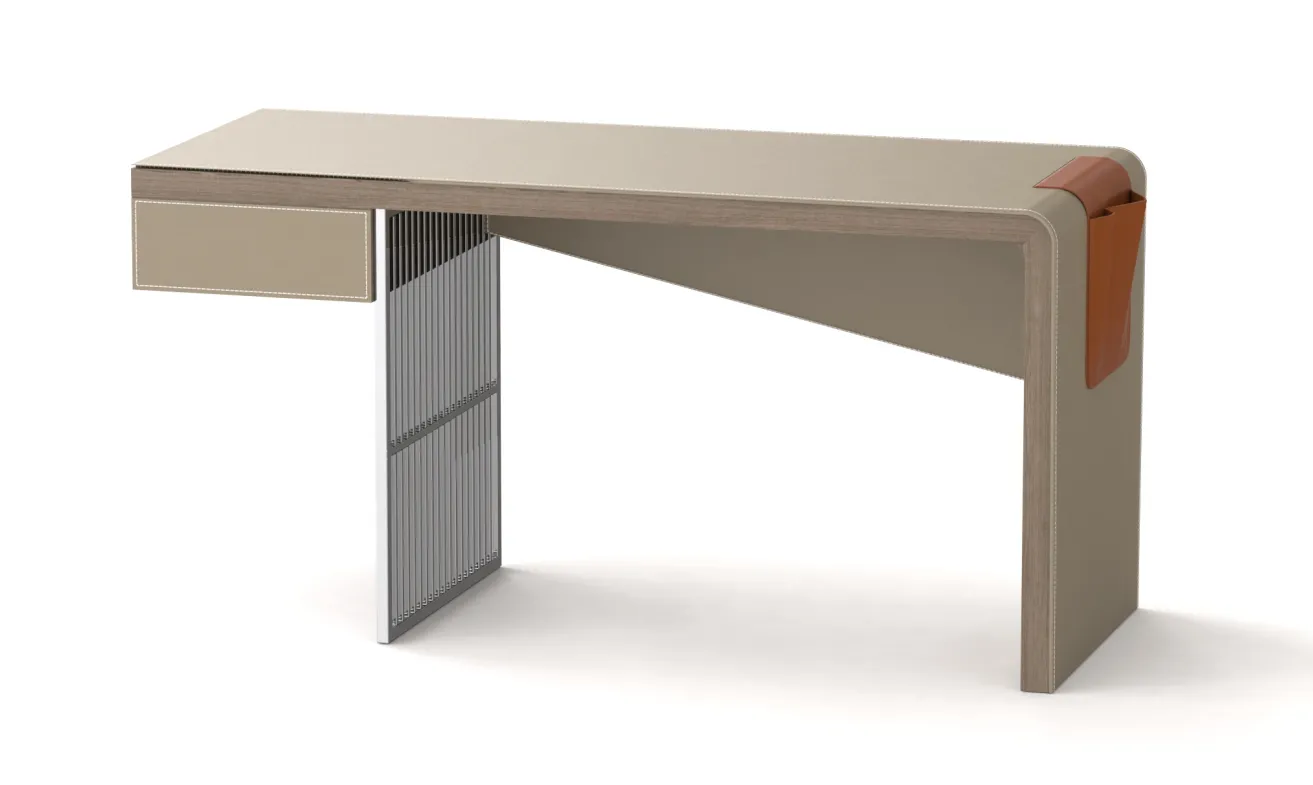 Modern Leather Wrapped Office Desk with Metal Slat Leg