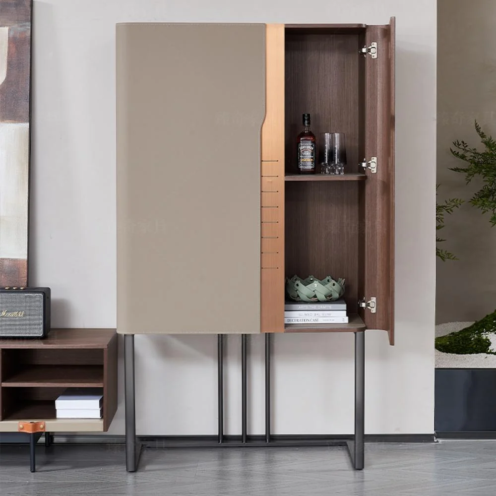 Modern Leather Wrapped Tall Cabinet with Metal Frame and Double Doors