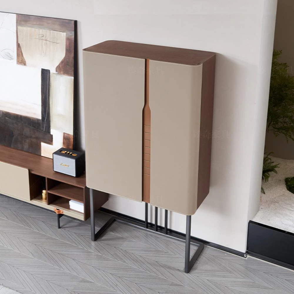 Modern Leather Wrapped Tall Cabinet with Metal Frame and Double Doors