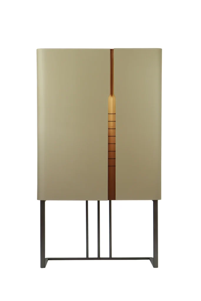 Modern Leather Wrapped Tall Cabinet with Metal Frame and Double Doors