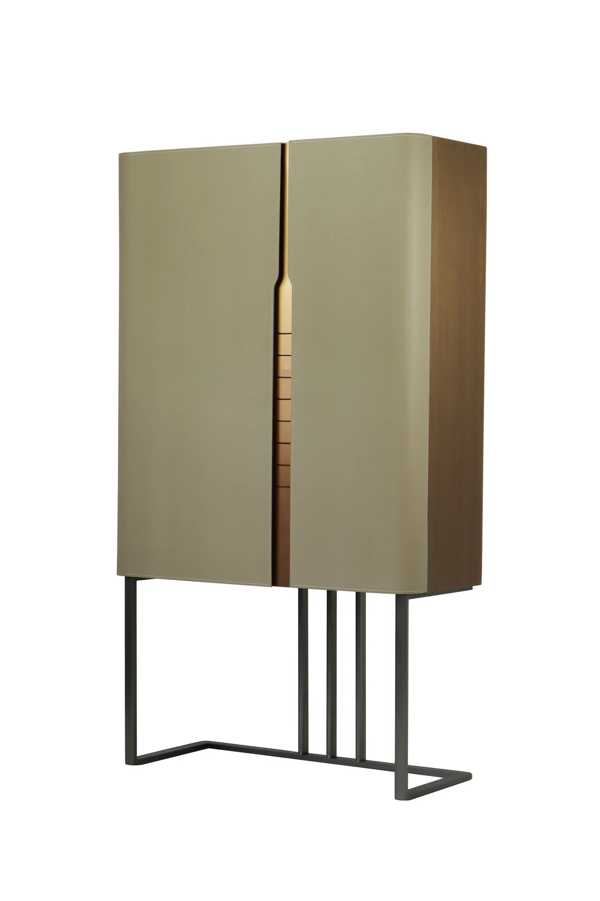 Modern Leather Wrapped Tall Cabinet with Metal Frame and Double Doors