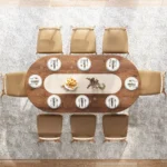 Modern Oval Walnut Dining Table with Faux Travertine Top for 8 People