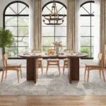 Modern Oval Walnut Dining Table with Faux Travertine Top for 8 People