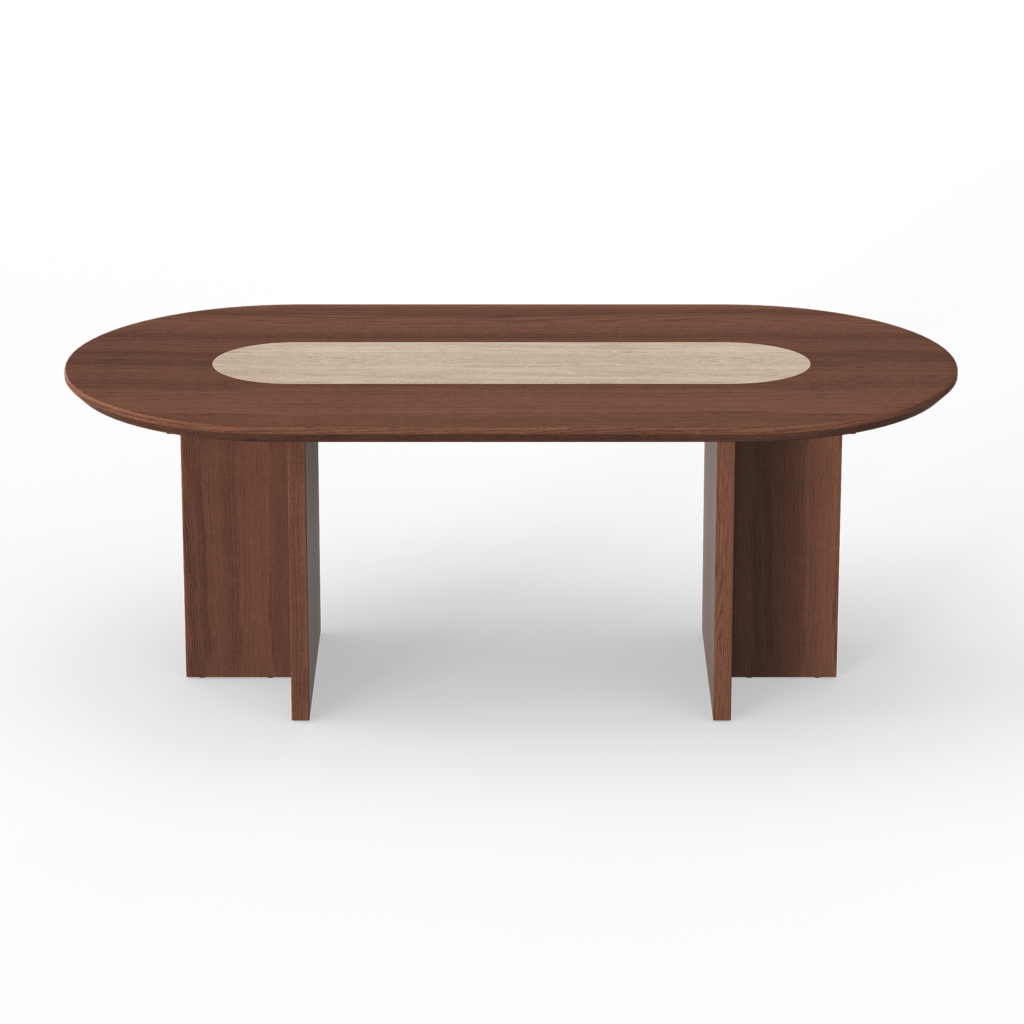 Modern Oval Walnut Dining Table with Faux Travertine Top for 8 People