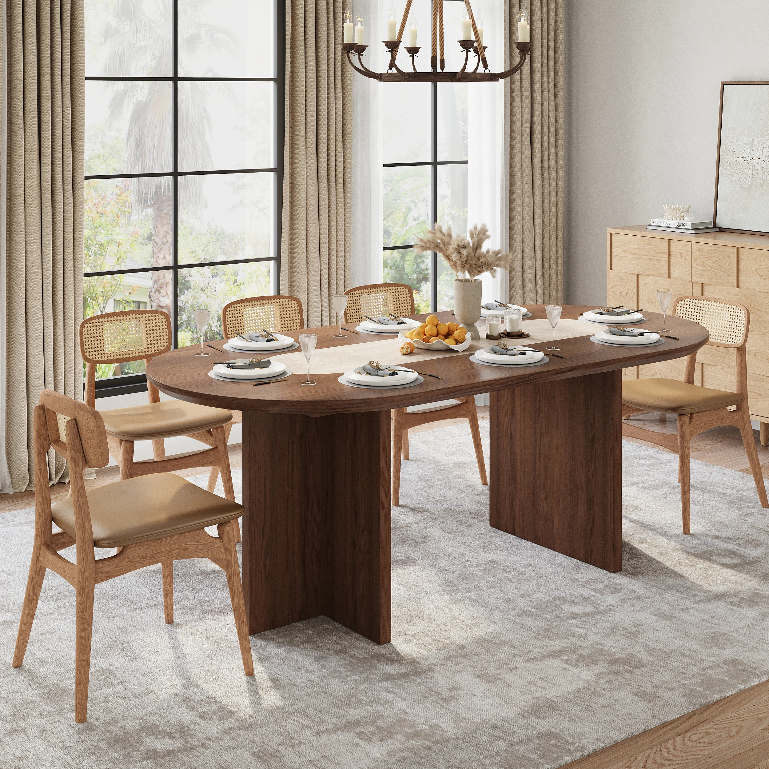 Modern Oval Walnut Dining Table with Faux Travertine Top for 8 People