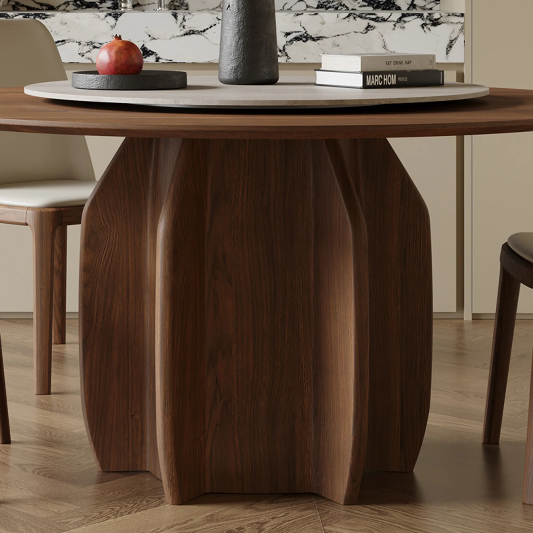 Natural Wood Round Dining Table with Rotating Lazy Susan