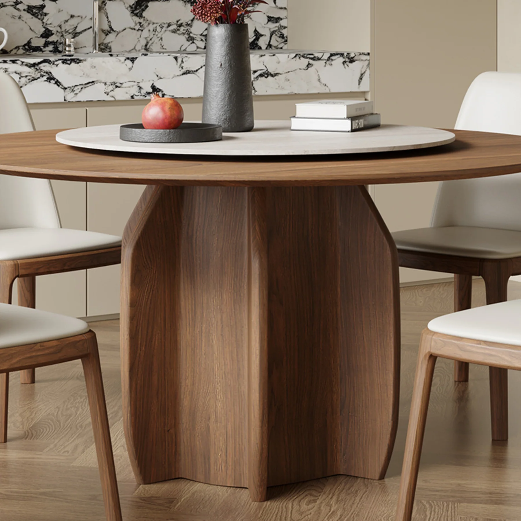 Natural Wood Round Dining Table with Rotating Lazy Susan