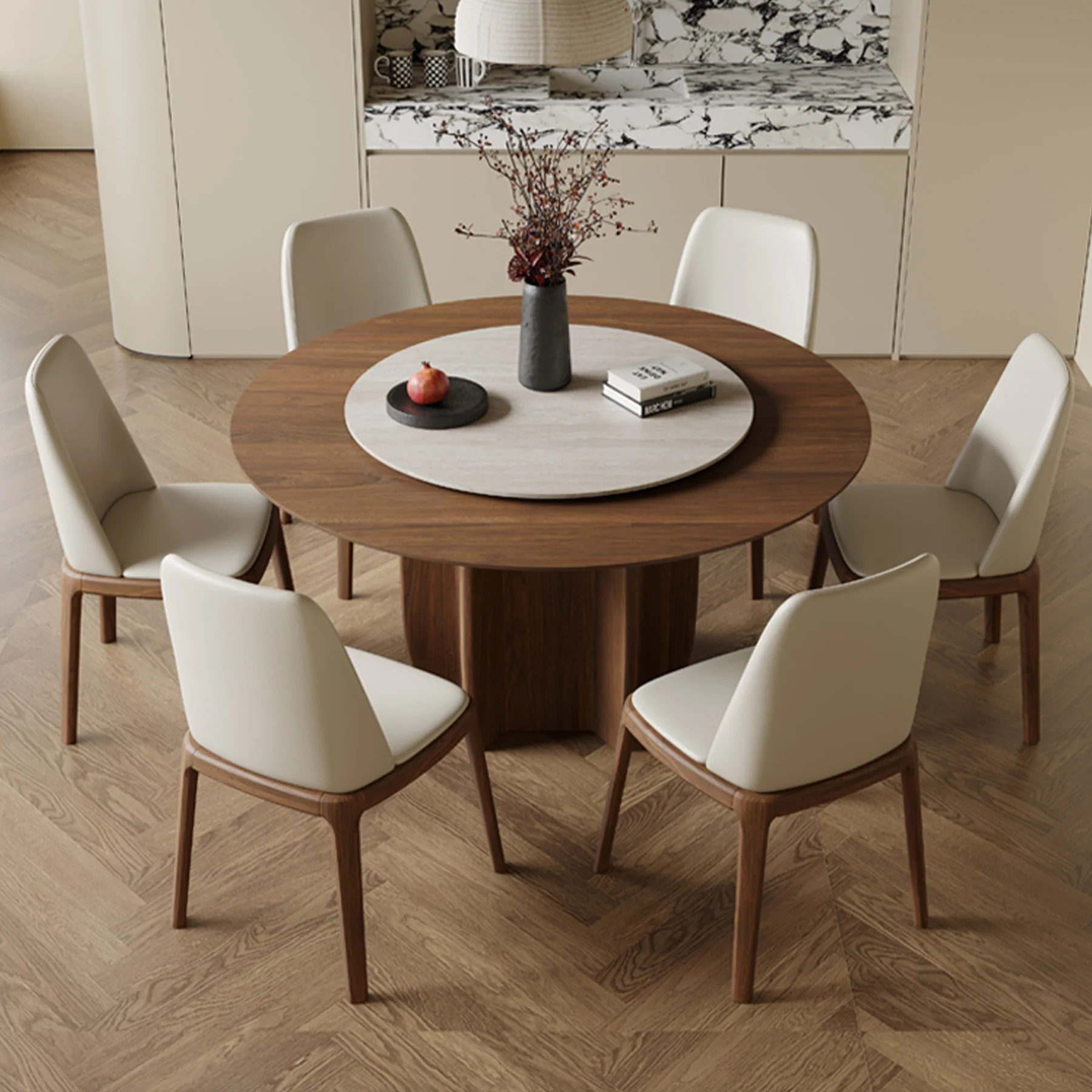 Natural Wood Round Dining Table with Rotating Lazy Susan