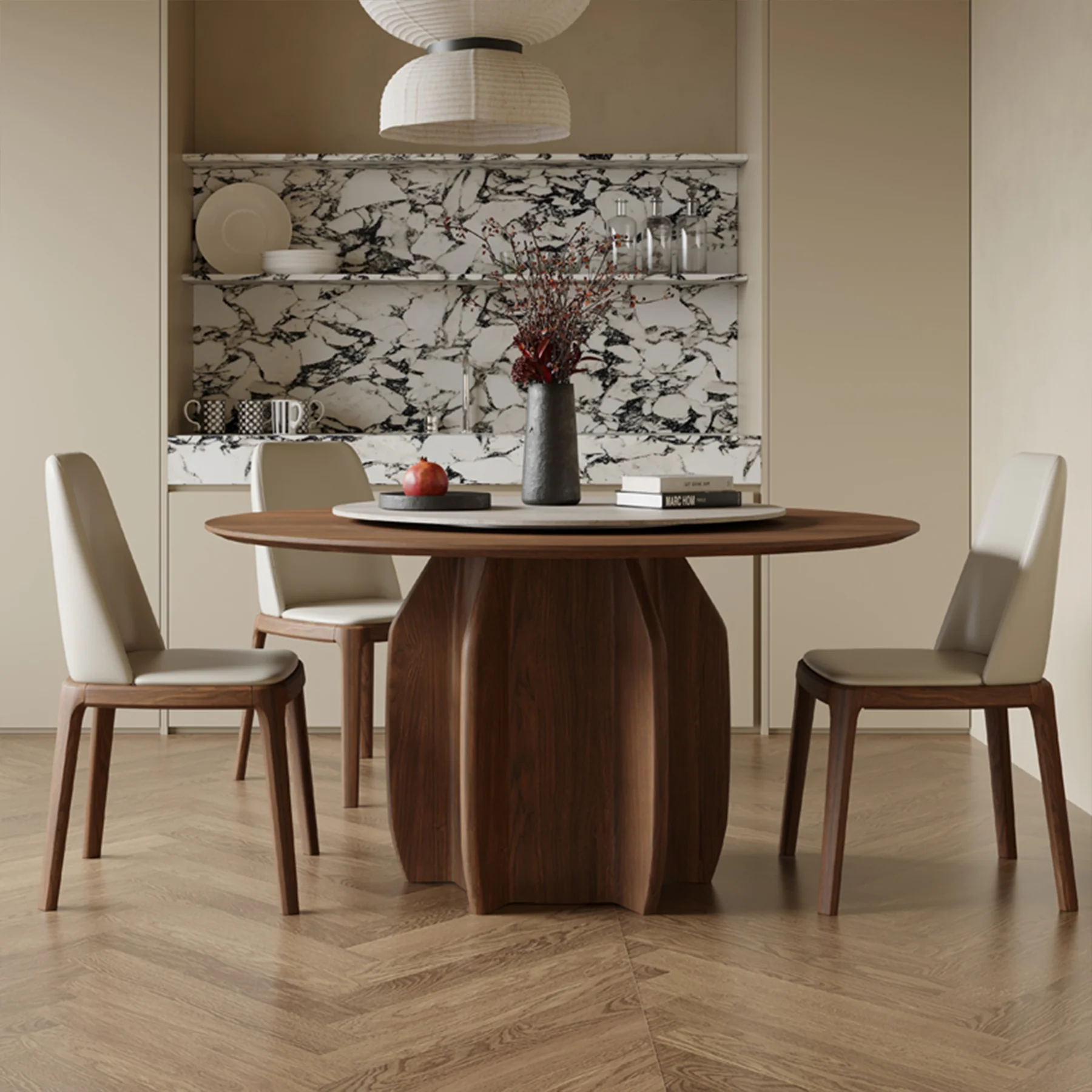 Natural Wood Round Dining Table with Rotating Lazy Susan