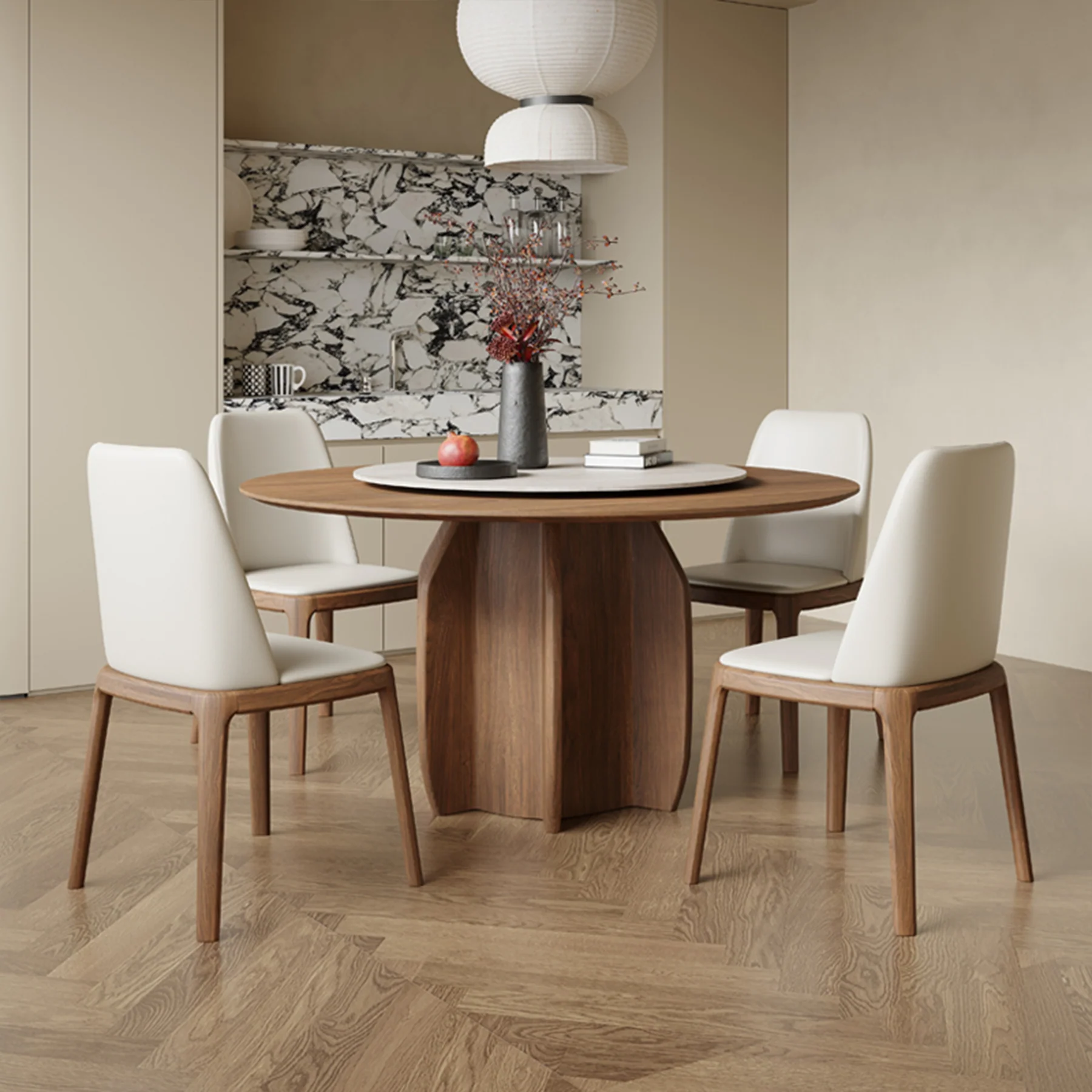 Natural Wood Round Dining Table with Rotating Lazy Susan