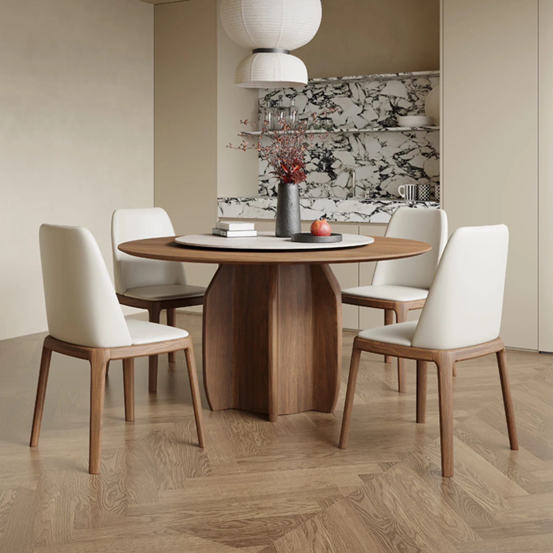 Natural Wood Round Dining Table with Rotating Lazy Susan