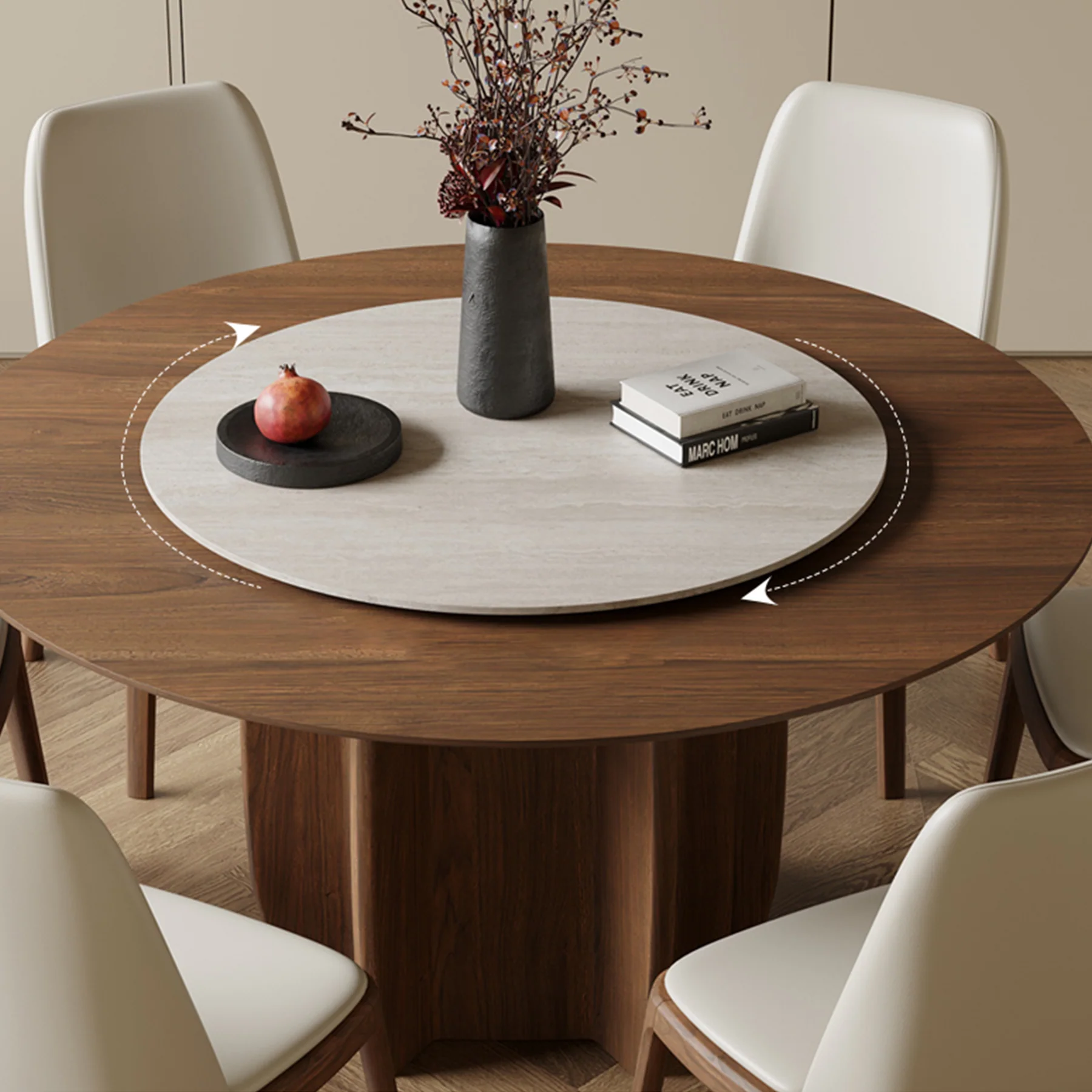 Natural Wood Round Dining Table with Rotating Lazy Susan