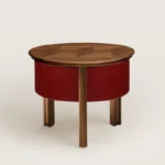 Walnut Wood Rotating Storage Side Table With Leather Accent