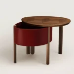 Walnut Wood Rotating Storage Side Table With Leather Accent
