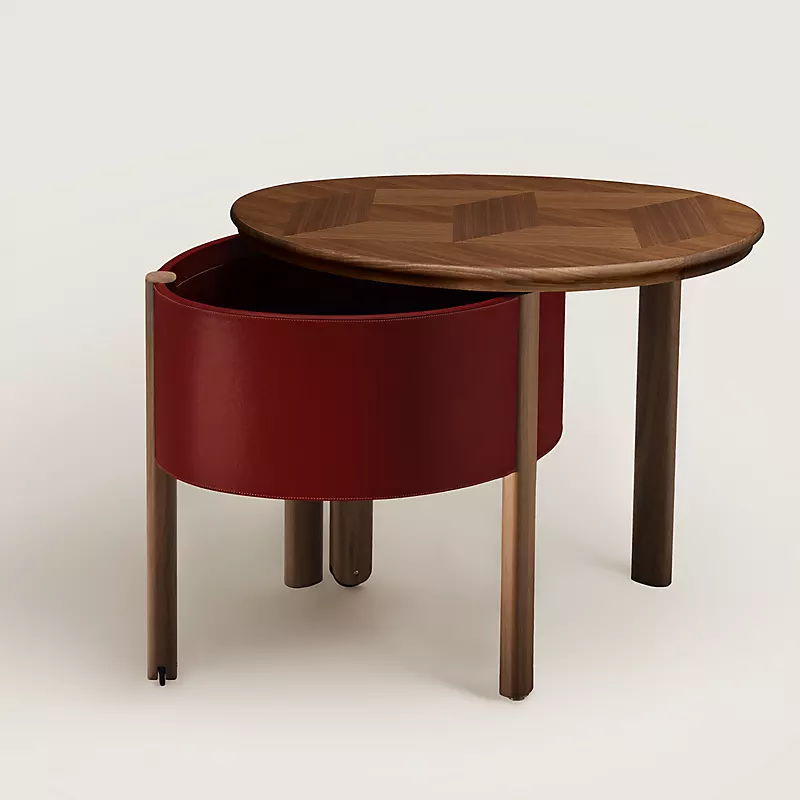 Walnut Wood Rotating Storage Side Table With Leather Accent