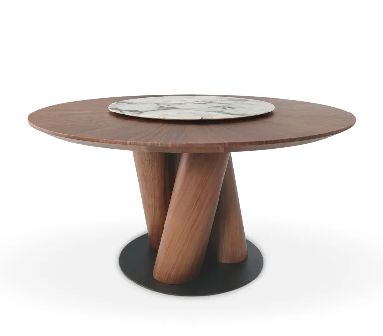 Walnut Wood Round Dining Table with Marble Lazy Susan