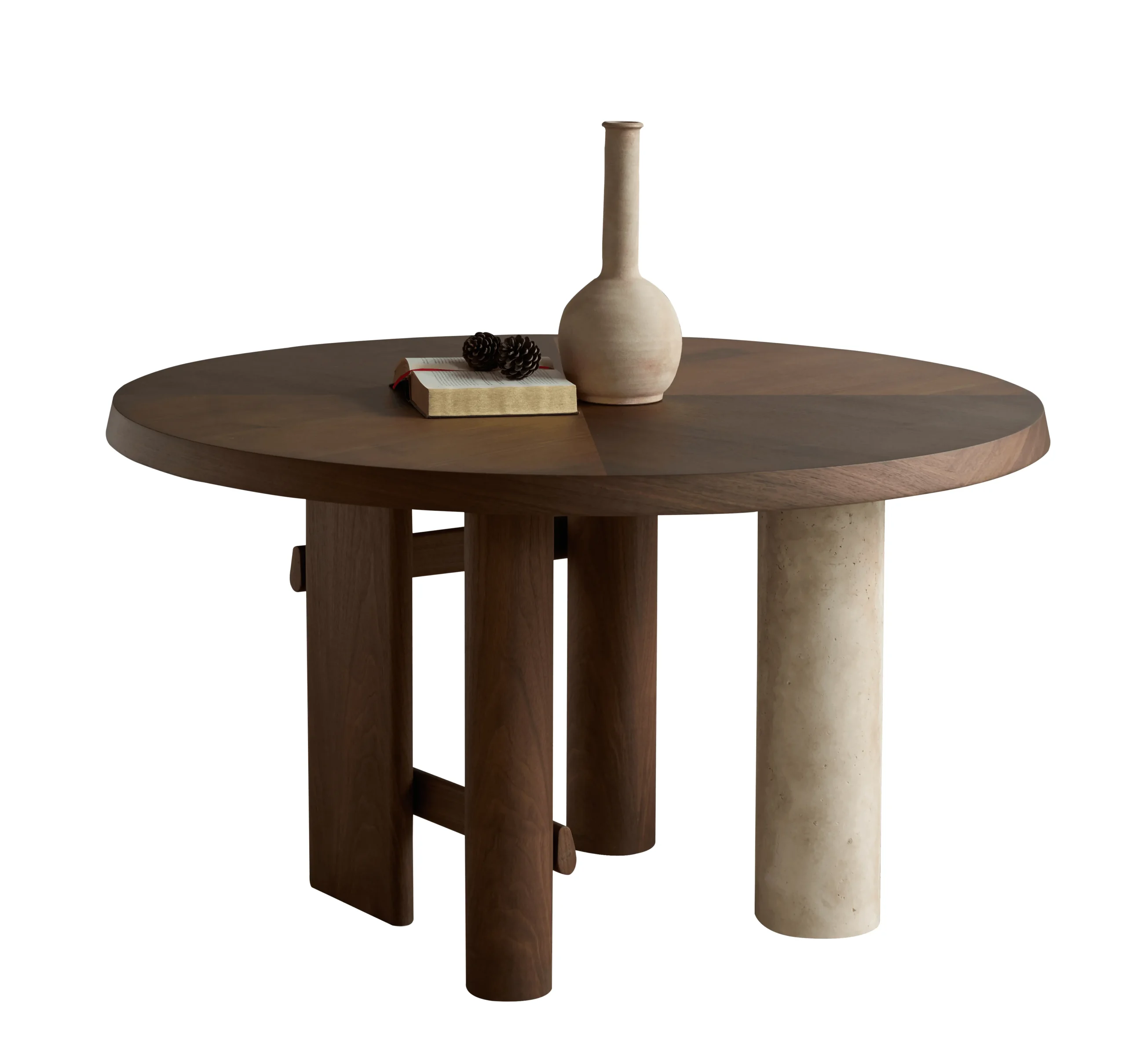 Walnut Wood Round Dining Table with Mixed Material Legs