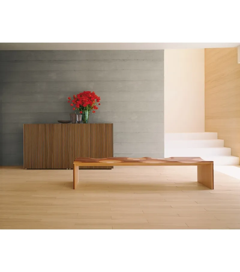 Artistic Wave Pattern Wood Bench for Entryway Living Room