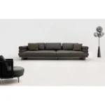 Beige Curved Sofa with Metal Base and Plush Throw Pillows