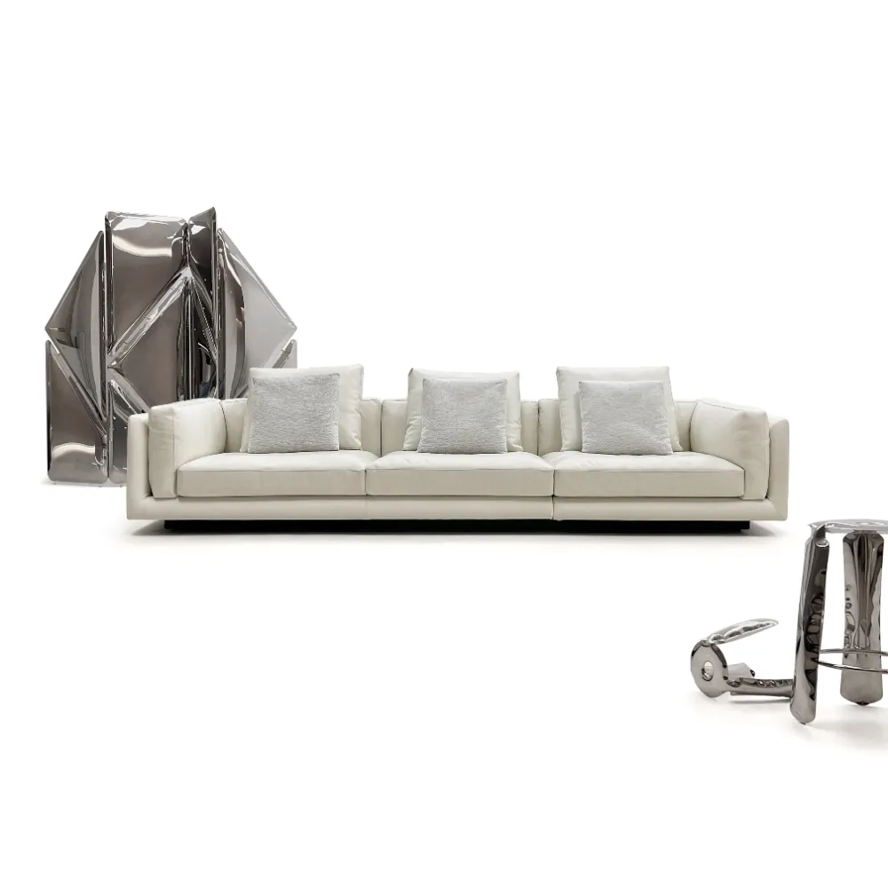 Beige Leather Four Seater Sofa