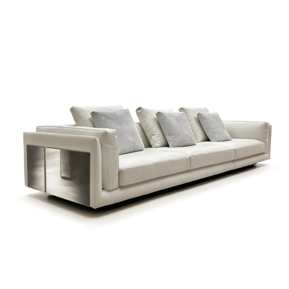 Beige Leather Four Seater Sofa with Metal Accents