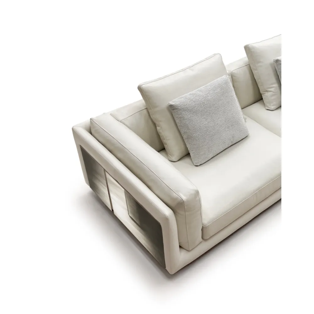 Beige Leather Four Seater Sofa with Metal Accents