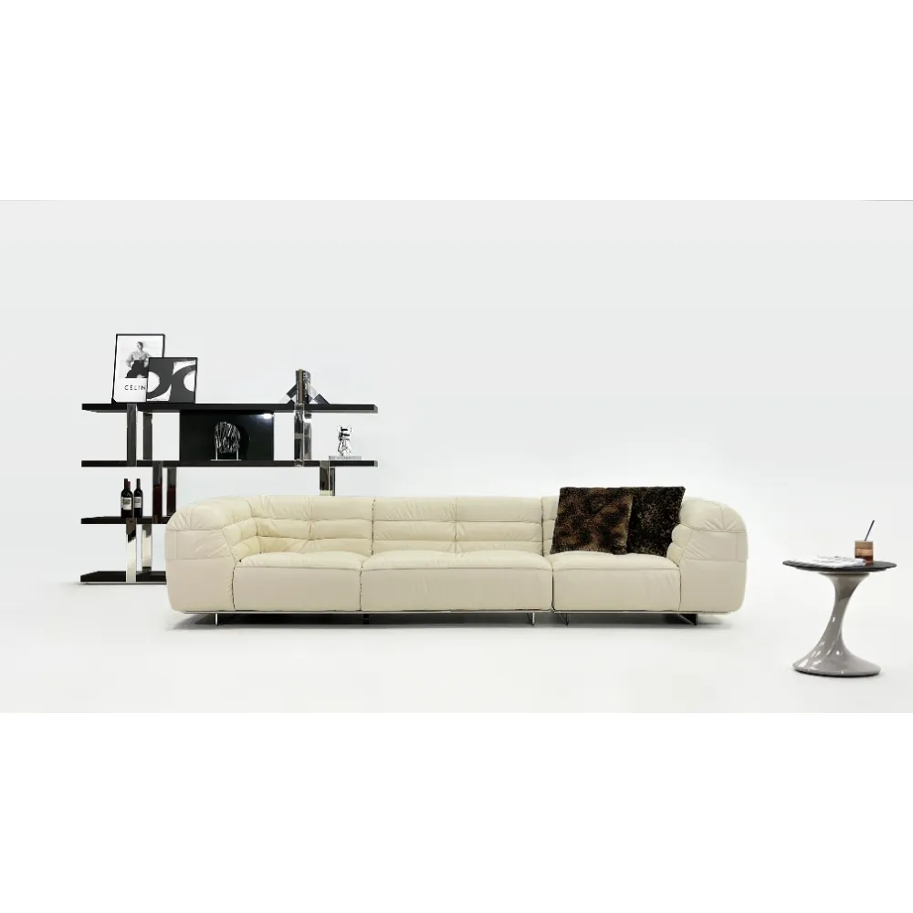 Beige Leather Modular Sofa with Tufted Backrests and Pillows