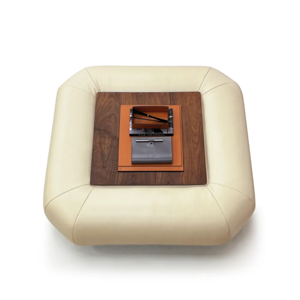 Beige Leather Modular Sofa with Tufted Backrests and Pillows