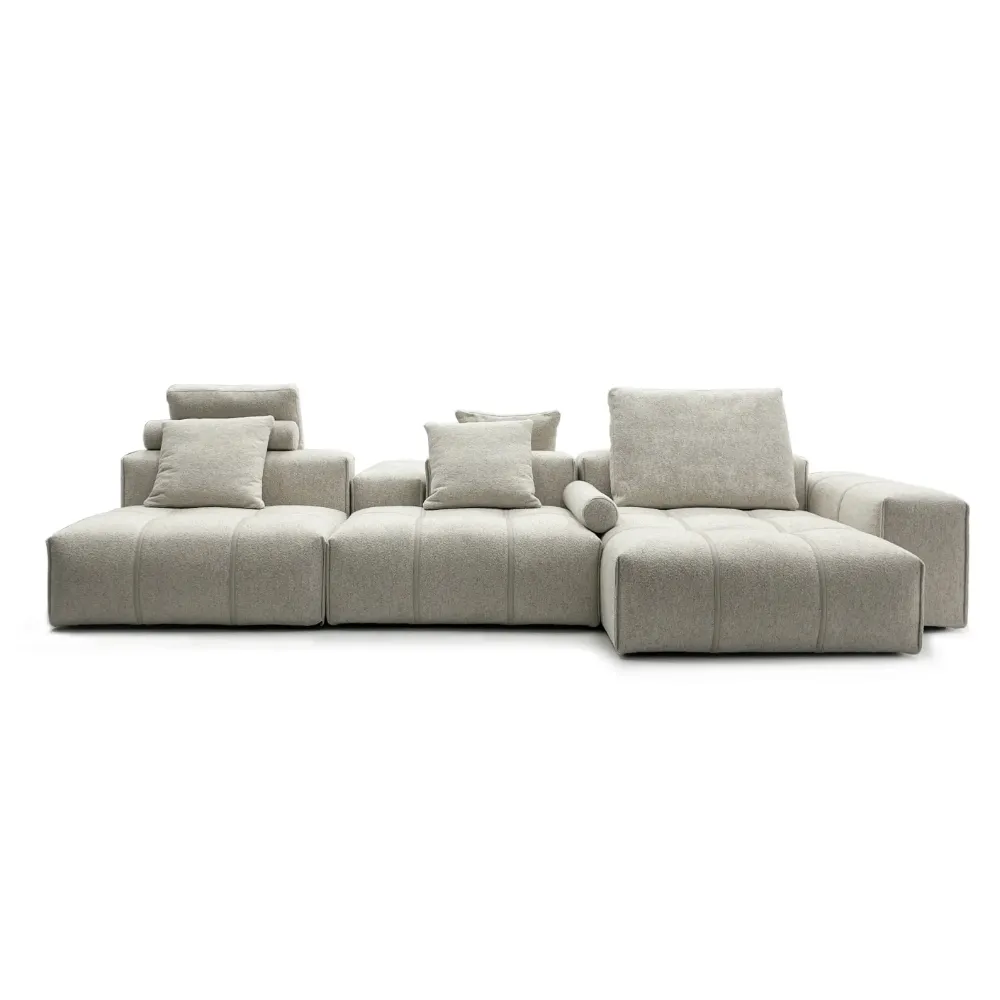 Beige Modular Sectional Sofa with Tufted Seats and Pillows