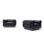 Black Leather Four Seater Sofa with Metal Base