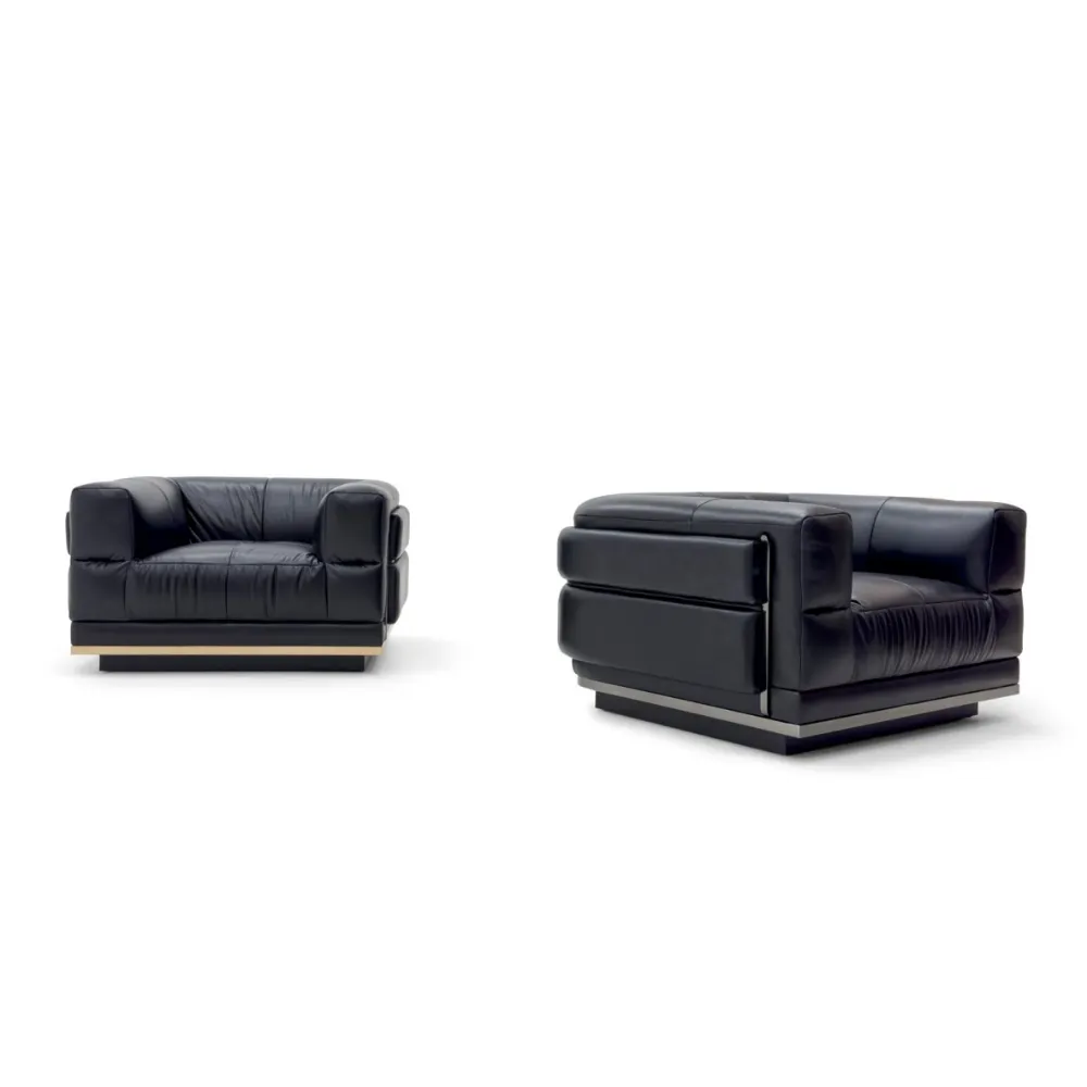 Black Leather Four Seater Sofa with Metal Base