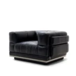 Black Leather Four Seater Sofa with Metal Base