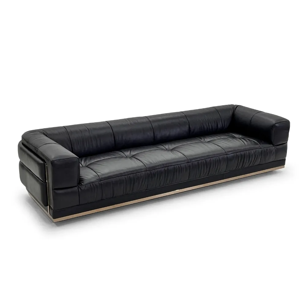 Black Leather Four Seater Sofa with Metal Base