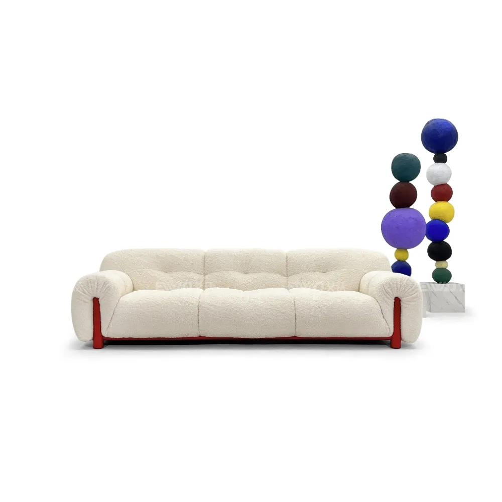 Cream Wool Fabric Boucle Four Seater Sofa with Orange Frame