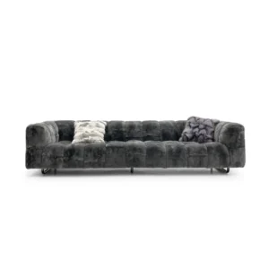 Dark Grey Fur Tufted Four Seater Sofa with Metal Legs