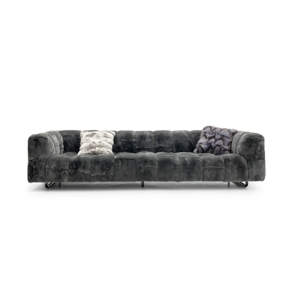 Dark Grey Fur Tufted Four Seater Sofa with Metal Legs