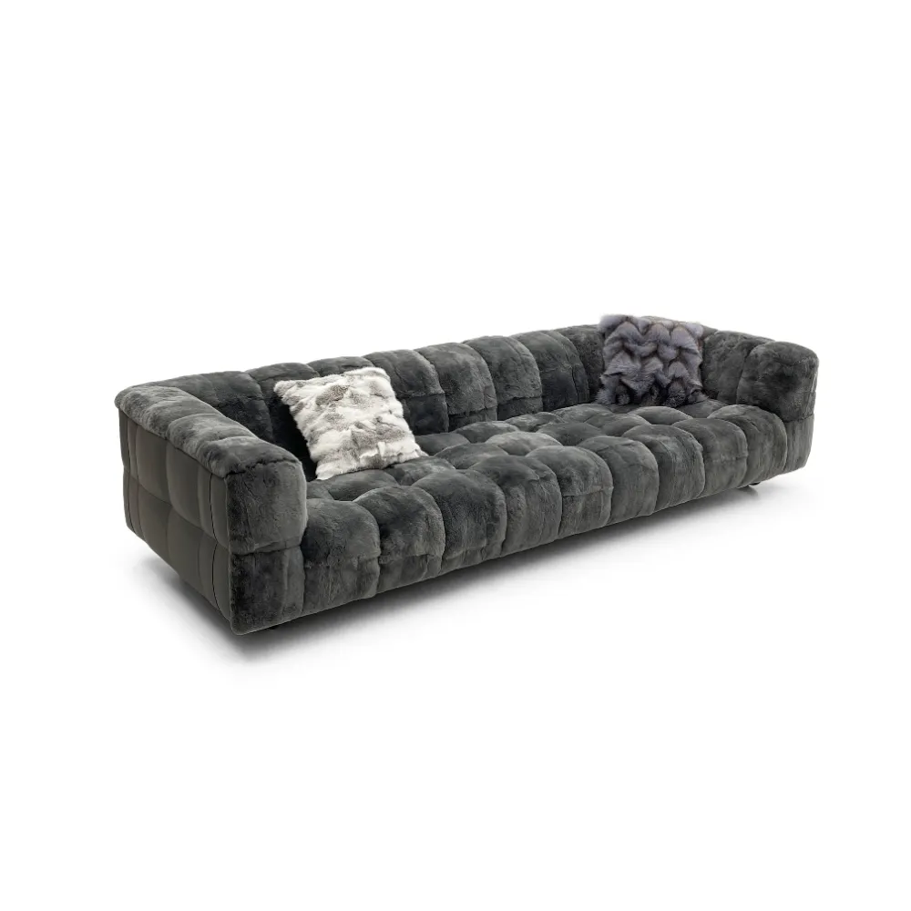Dark Grey Fur Tufted Four Seater Sofa with Metal Legs