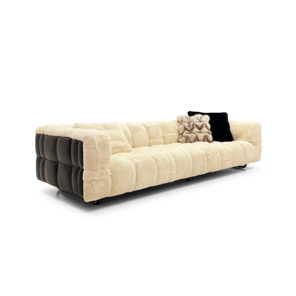 Dark Grey Fur Tufted Four Seater Sofa with Metal Legs