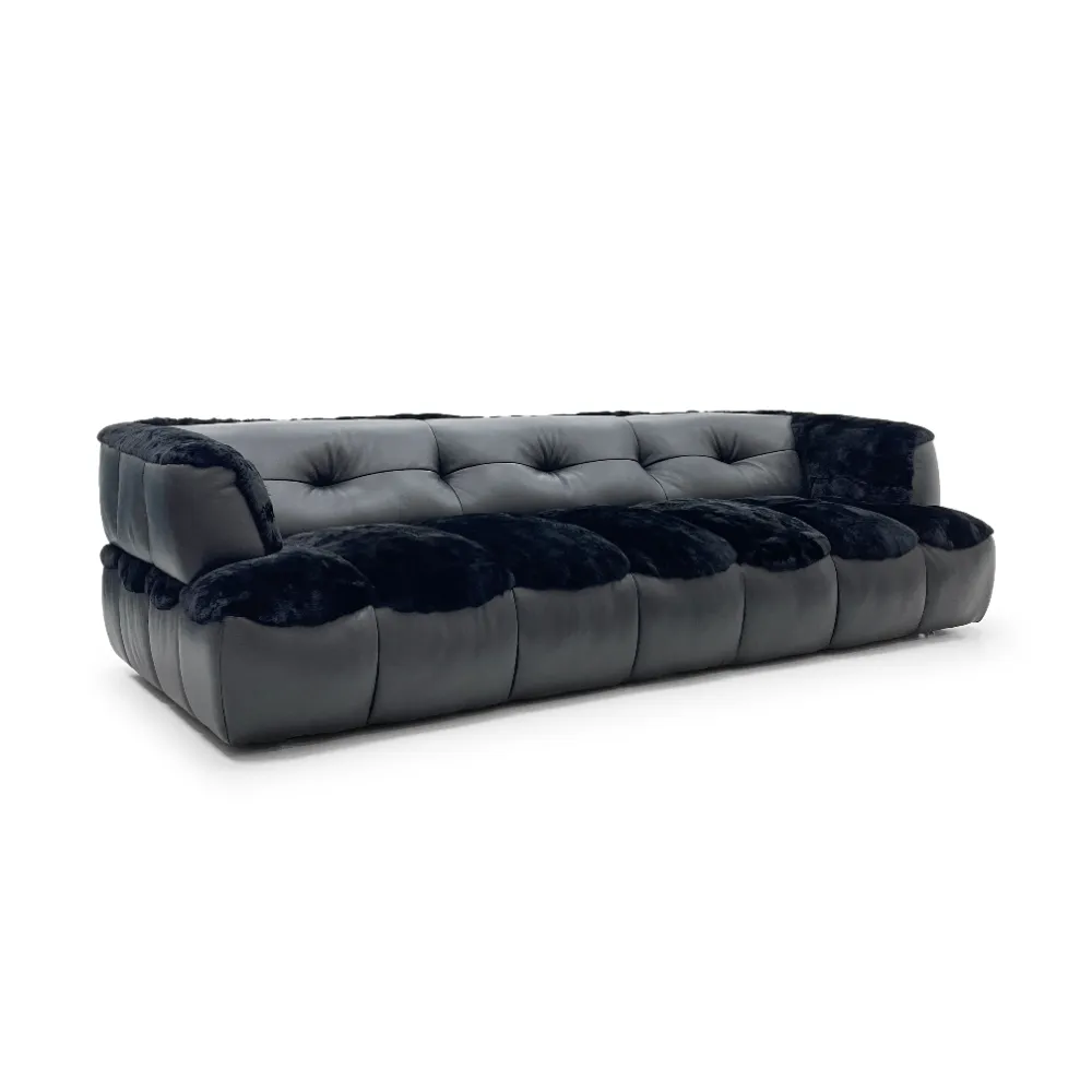 Dark Grey Leather Fur Accent Four Seater Sofa