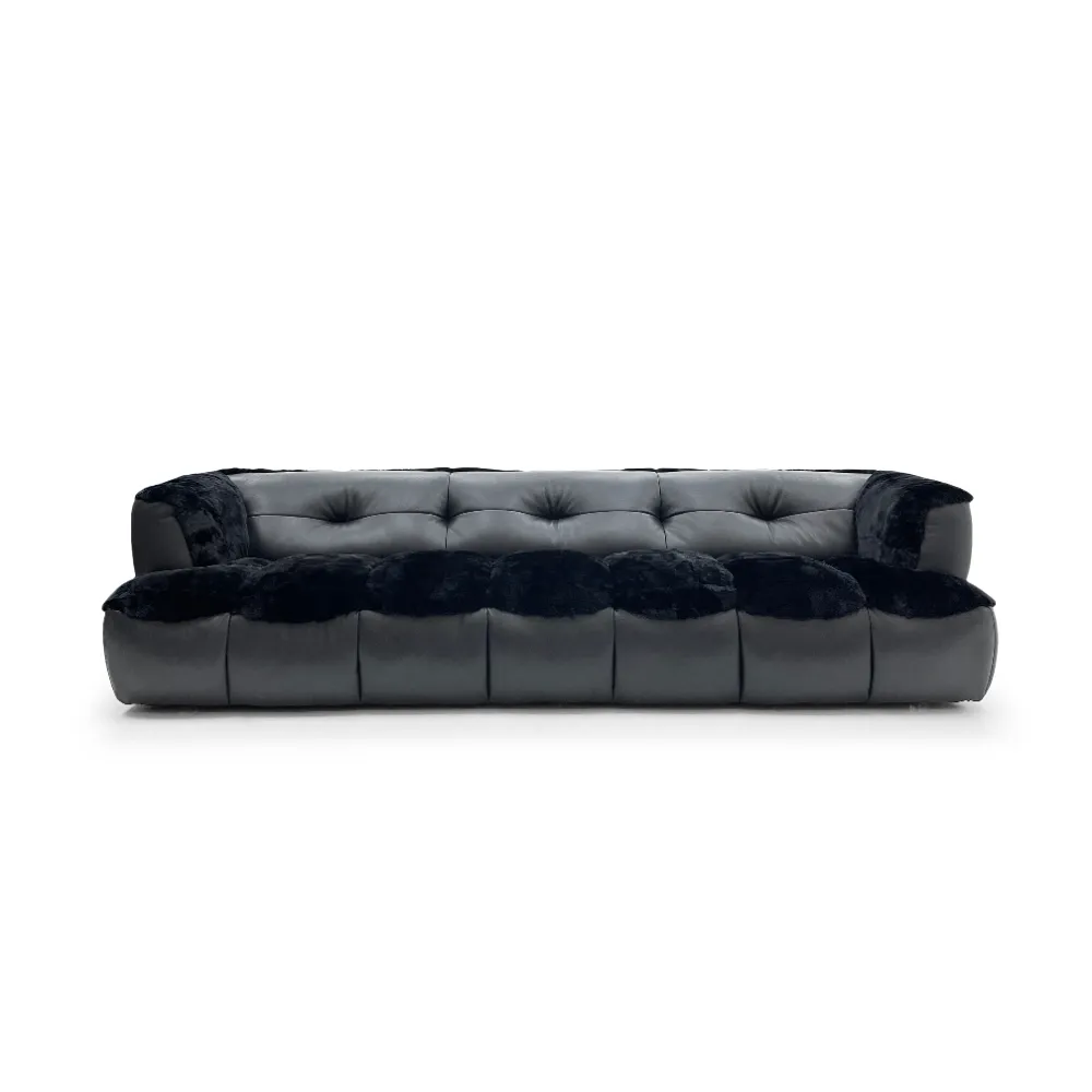 Dark Grey Leather Fur Accent Four Seater Sofa