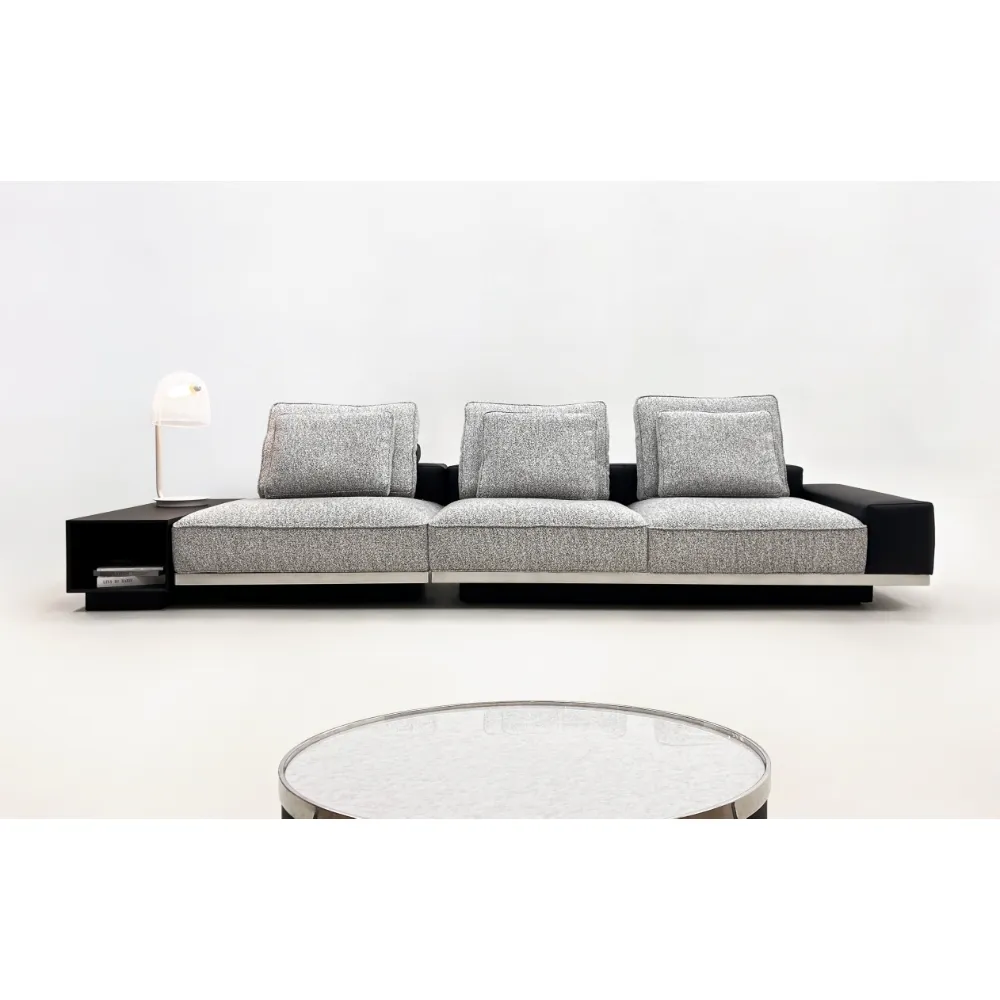 Grey Tweed Three Seater Sofa with Side Storage and Black Accents