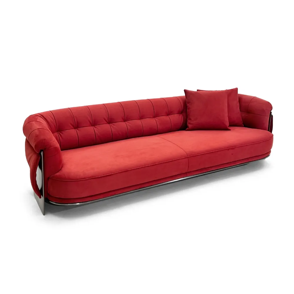 Light Blue Curved Sofa with Tufted Backrest and Metal Base