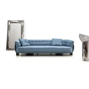 Light Blue Curved Sofa with Tufted Backrest and Metal Base