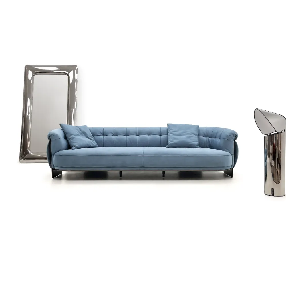 Light Blue Curved Sofa with Tufted Backrest and Metal Base