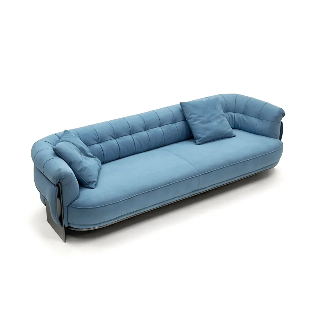 Light Blue Curved Sofa with Tufted Backrest and Metal Base