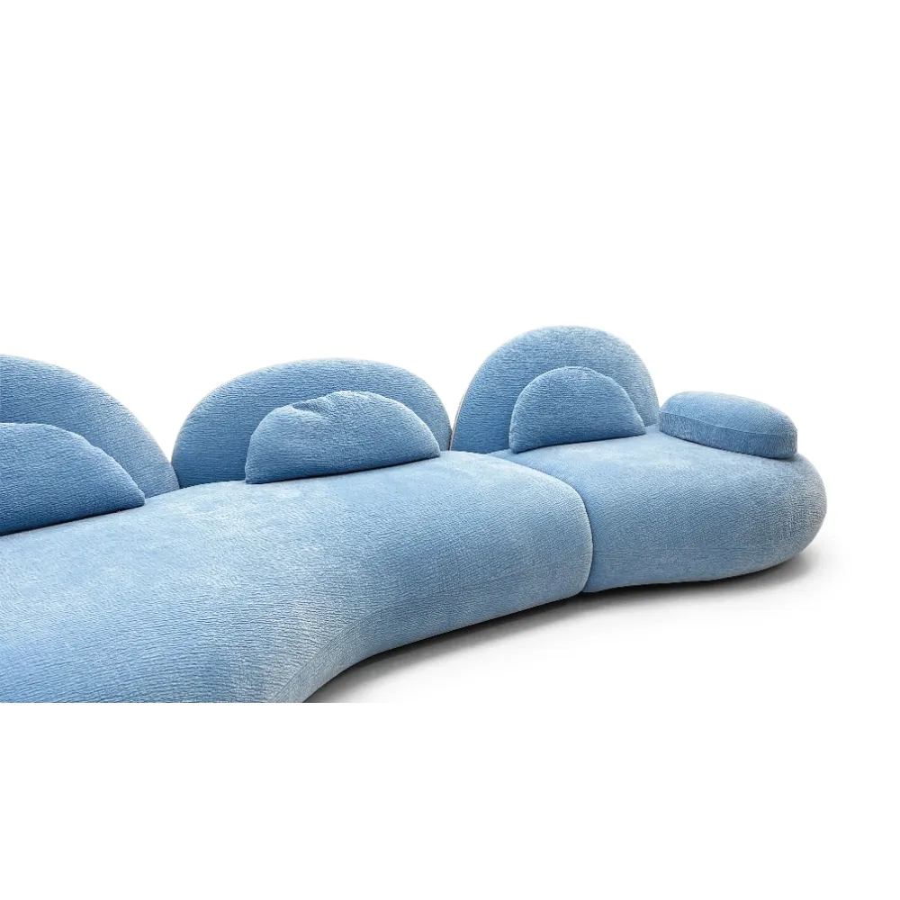 Light Blue Textured Fabric Curved Four Seater Sofa