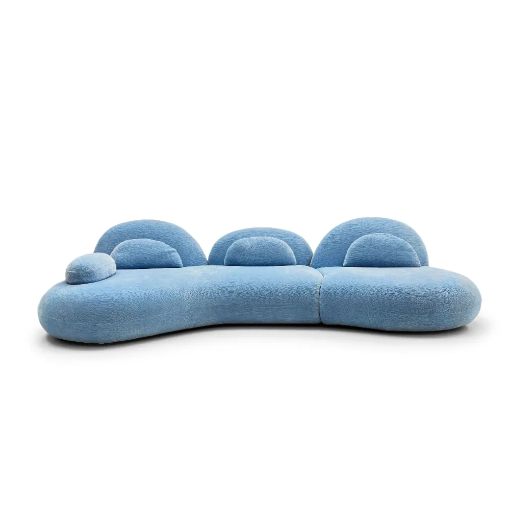 Light Blue Textured Fabric Curved Four Seater Sofa